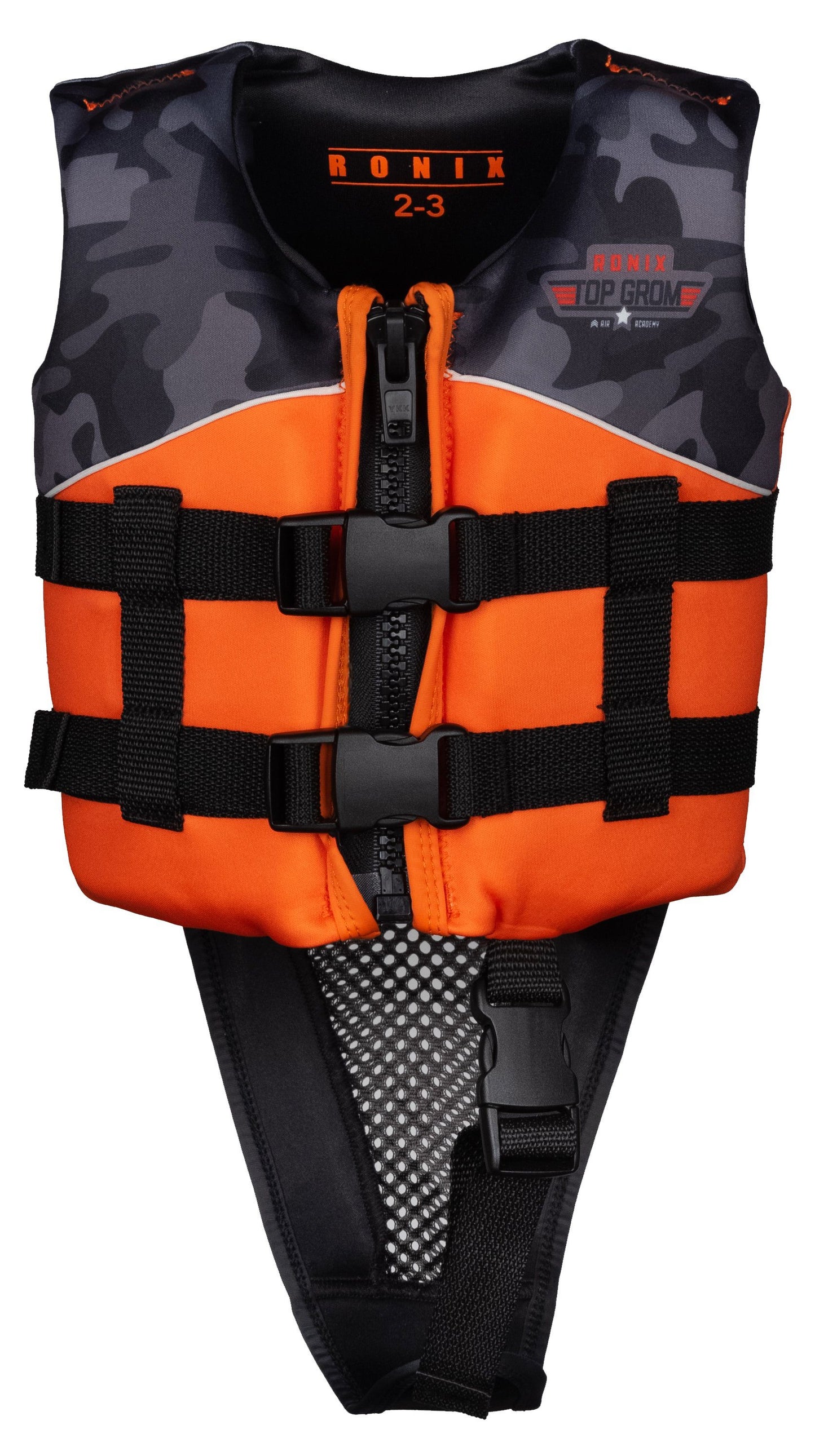 2022 Ronix Top Grom L50s Vest Watersports - Neoprene - Kids Vests Ronix Orange / Black Camo 2to3