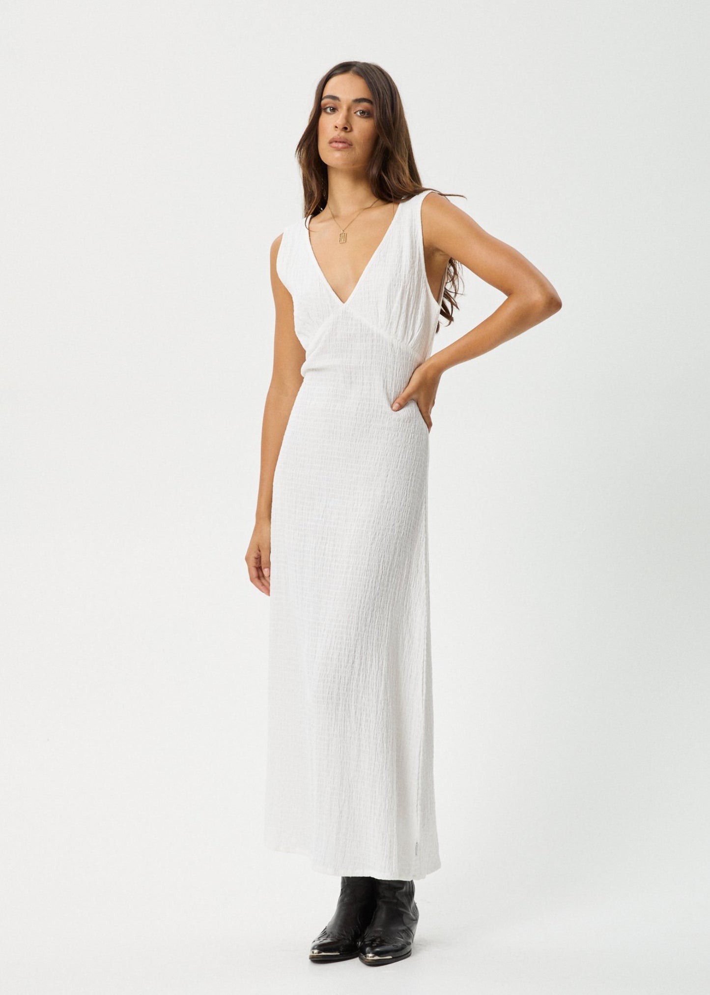 Focus - Seersucker Maxi Dress - AfendsW241809 - White - XS